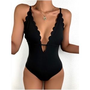 Black Ribbed One Piece Monokini Swim Beach